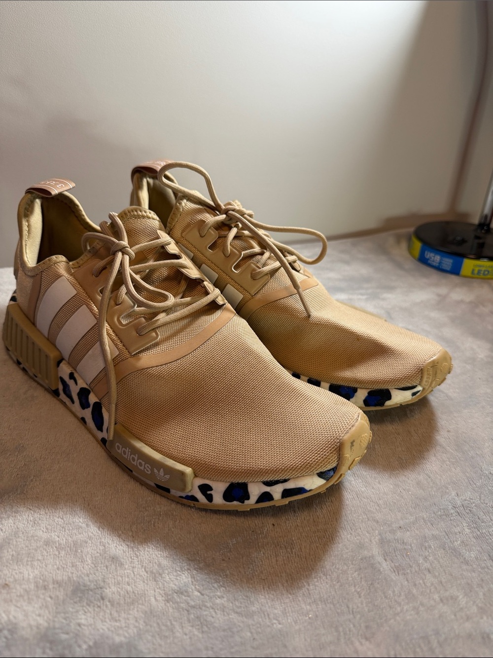 adidas Tan Sneakers with Leopard-Print Midsole and White Stripes